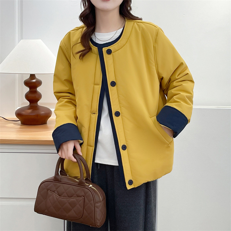 Памучно-полиестрово яке, есенно-зимно 2025, корейски стил, кръгло деколте, дълги ръкави