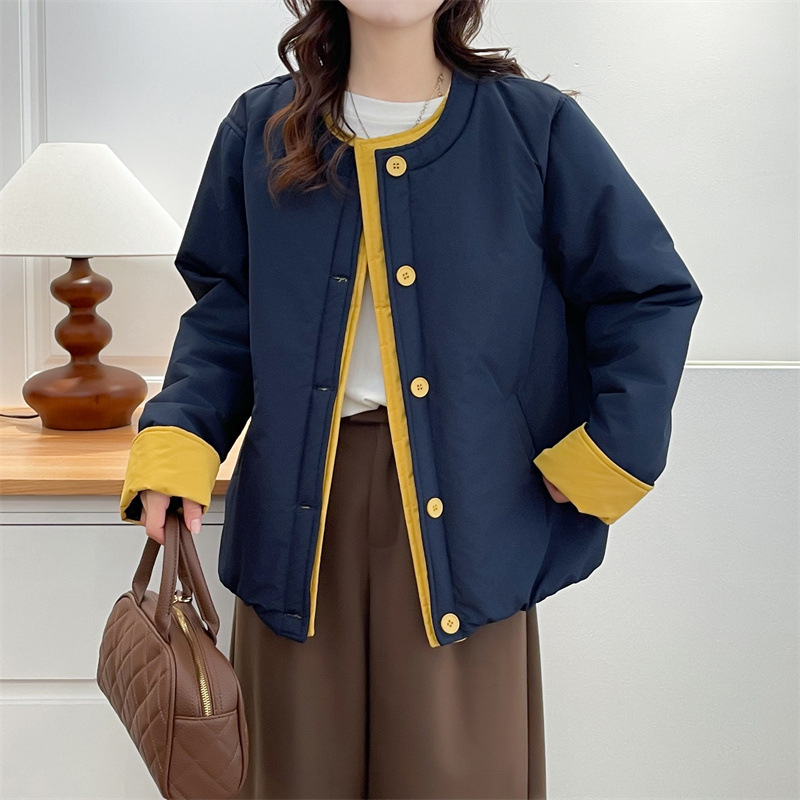 Памучно-полиестрово яке, есенно-зимно 2025, корейски стил, кръгло деколте, дълги ръкави