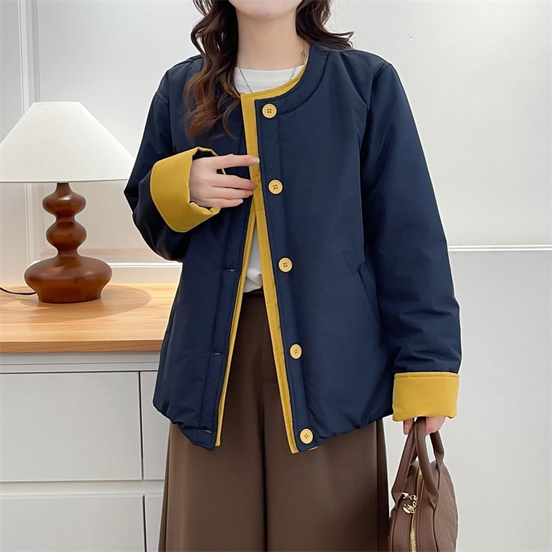 Памучно-полиестрово яке, есенно-зимно 2025, корейски стил, кръгло деколте, дълги ръкави