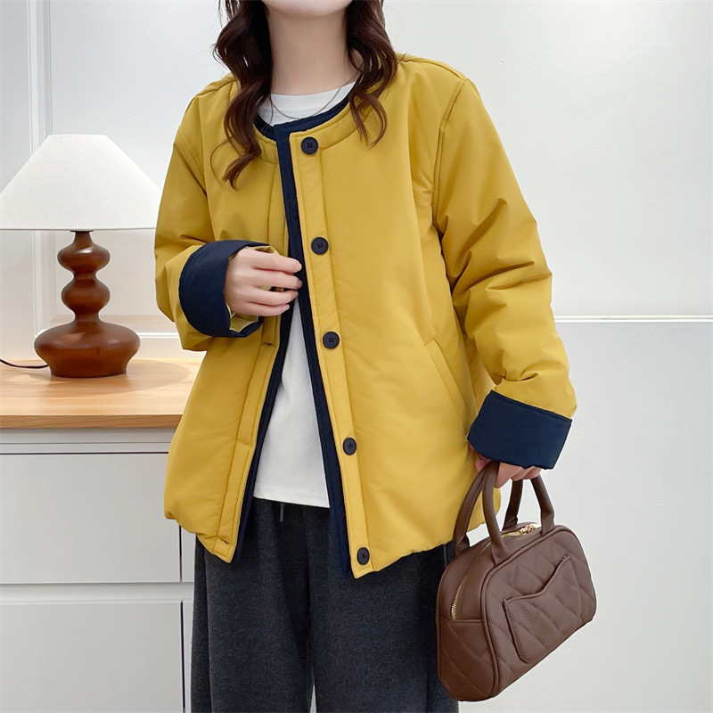 Памучно-полиестрово яке, есенно-зимно 2025, корейски стил, кръгло деколте, дълги ръкави