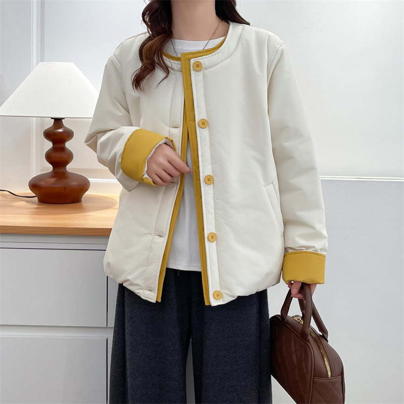 Памучно-полиестрово яке, есенно-зимно 2025, корейски стил, кръгло деколте, дълги ръкави