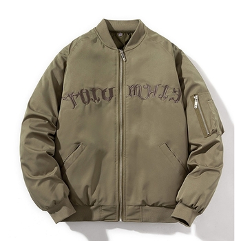 Férfi repülődzseki betűkkel hímzett, koreai stílusú, elülső cipzár, álló gallér, vastagított pamut-poliészter bélés