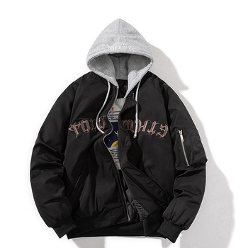 Férfi repülődzseki betűkkel hímzett, koreai stílusú, elülső cipzár, álló gallér, vastagított pamut-poliészter bélés