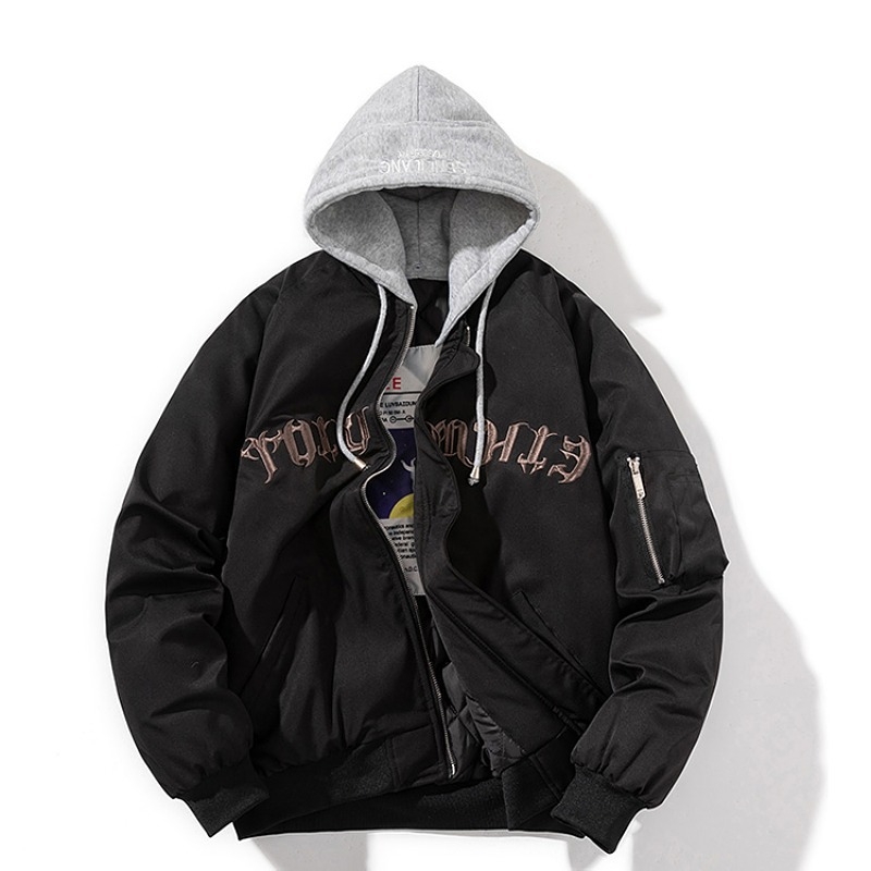 Férfi repülődzseki betűkkel hímzett, koreai stílusú, elülső cipzár, álló gallér, vastagított pamut-poliészter bélés