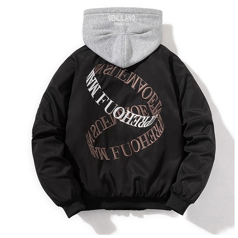 Férfi repülődzseki betűkkel hímzett, koreai stílusú, elülső cipzár, álló gallér, vastagított pamut-poliészter bélés