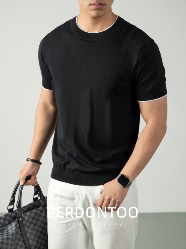 Muški pleteni T-shirt s kratkim rukavima — mješavina Lyocell pamuk nylon mulberry silk, prozračan i vlagu upija, regular fit, okrugli izrez