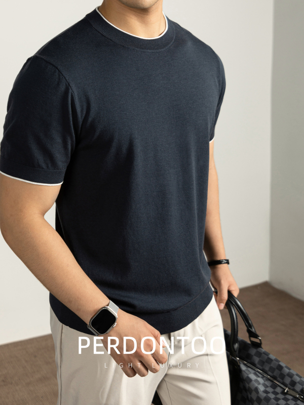 Muški pleteni T-shirt s kratkim rukavima — mješavina Lyocell pamuk nylon mulberry silk, prozračan i vlagu upija, regular fit, okrugli izrez