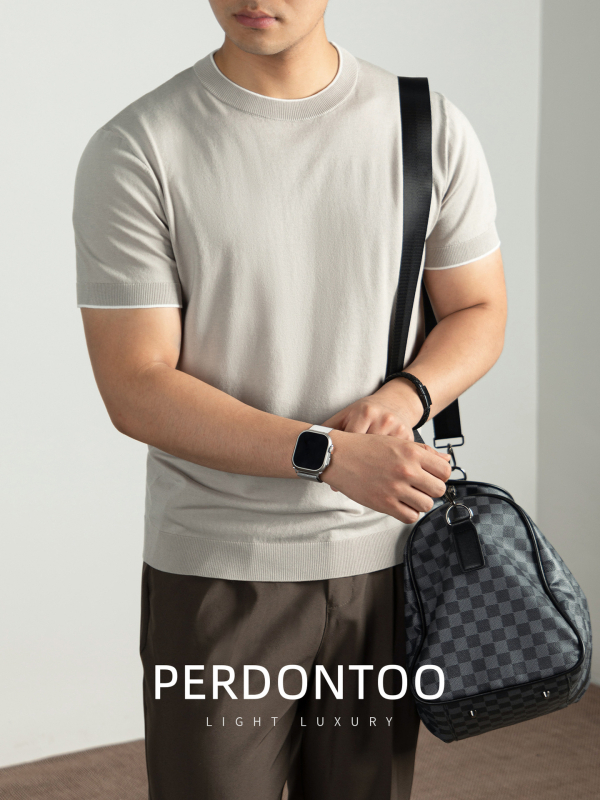 Muški pleteni T-shirt s kratkim rukavima — mješavina Lyocell pamuk nylon mulberry silk, prozračan i vlagu upija, regular fit, okrugli izrez