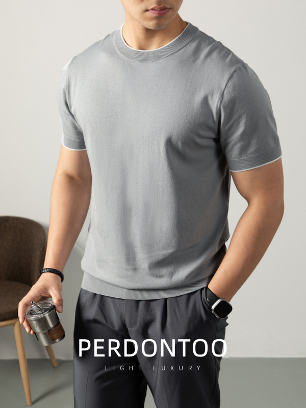 Muški pleteni T-shirt s kratkim rukavima — mješavina Lyocell pamuk nylon mulberry silk, prozračan i vlagu upija, regular fit, okrugli izrez