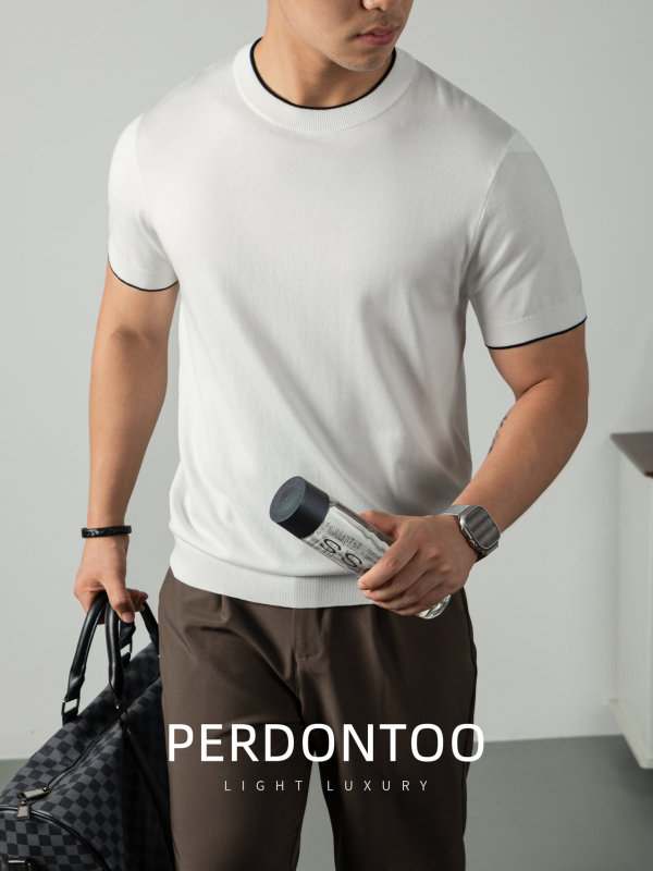 Muški pleteni T-shirt s kratkim rukavima — mješavina Lyocell pamuk nylon mulberry silk, prozračan i vlagu upija, regular fit, okrugli izrez