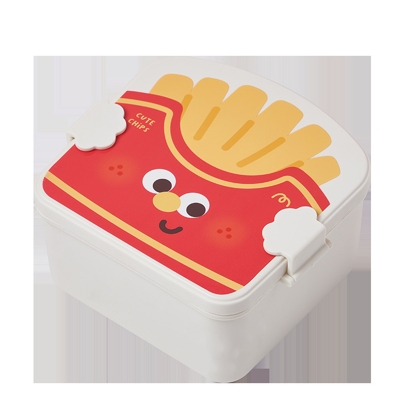 Plastična okrugla kutija za ručak za djecu s dizajnom pomfita i prženog piletine, s poklopcem, žlicom i vilicom, mikrotalasna kompatibilna, 501–800 ml