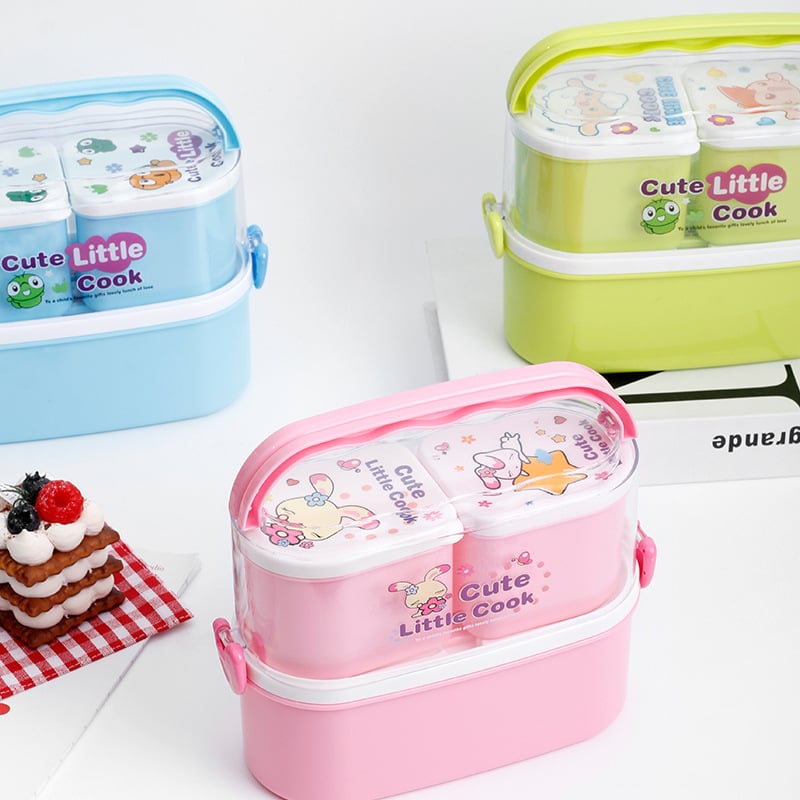 Japanski stil dvostruka kutija za ručak s ručkom, crtani uzorak, kapacitet 1–2 L, PP materijal, mikrovalna sigurna, uključuje pribor