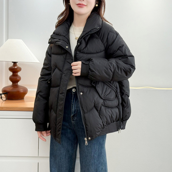 Дамско късо памучно яке с пухово пълнеж, качулка, цип, зима 2025, елегантен градски стил