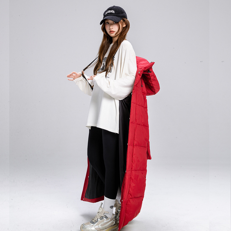 Pamučni kaput s kapuljom, dugačak kroj, korejski stil, punilo od pamuka