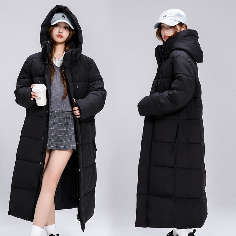 Pamučni kaput s kapuljom, dugačak kroj, korejski stil, punilo od pamuka
