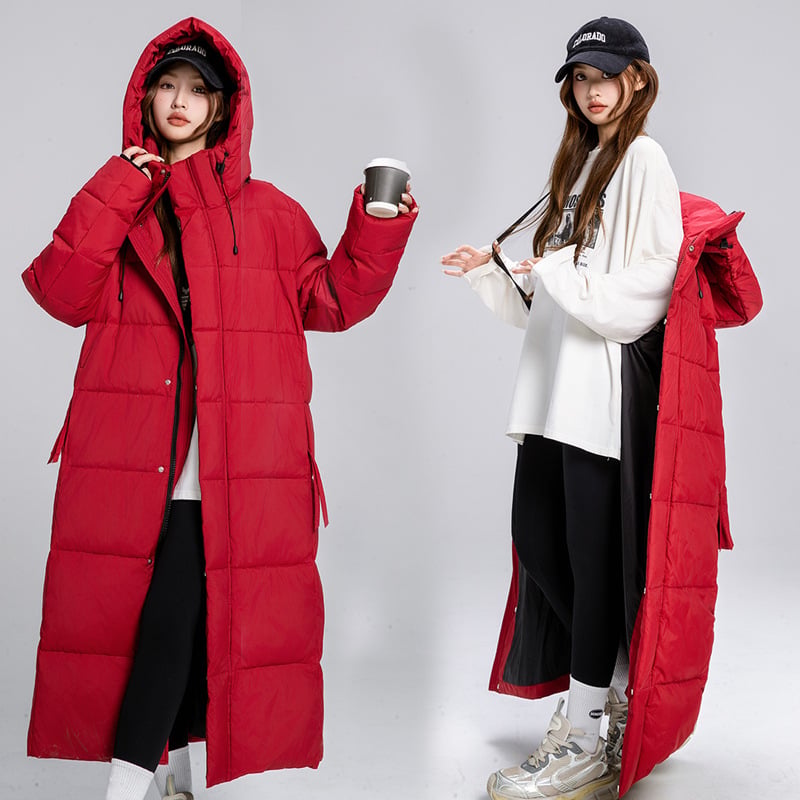 Pamučni kaput s kapuljom, dugačak kroj, korejski stil, punilo od pamuka