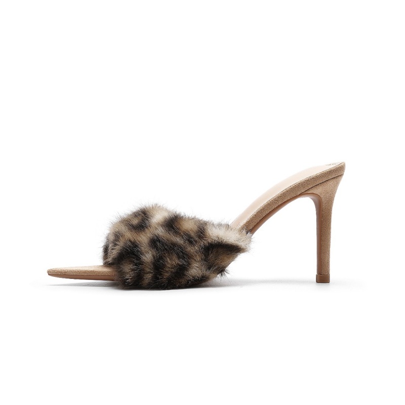 Ženske cipele s krznom na visokim petama, leopard uzorak, špičasti nos, tanak pet 6–8 cm, TPU potplat