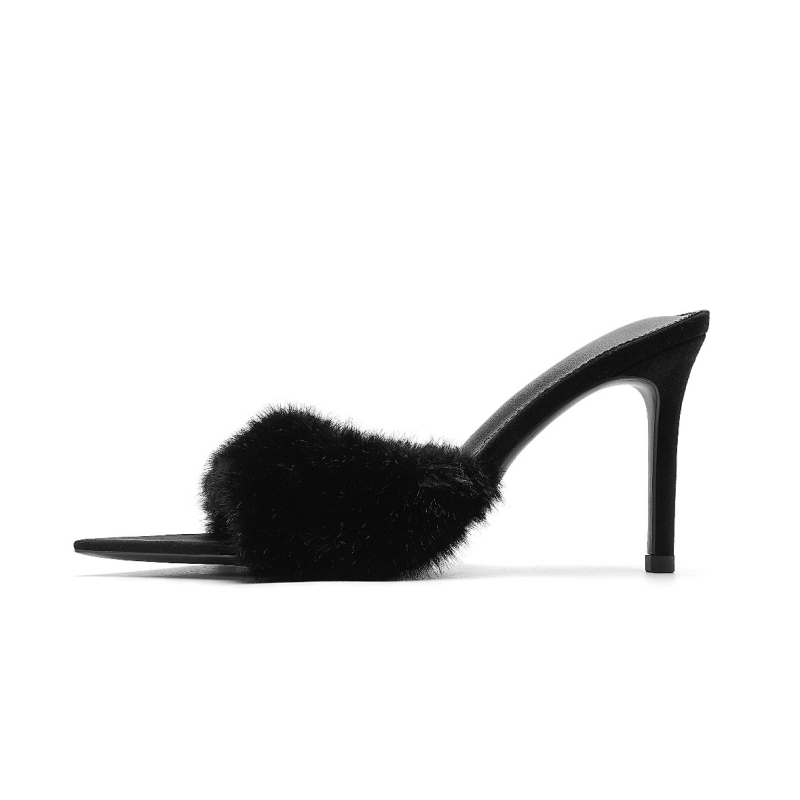 Ženske cipele s krznom na visokim petama, leopard uzorak, špičasti nos, tanak pet 6–8 cm, TPU potplat