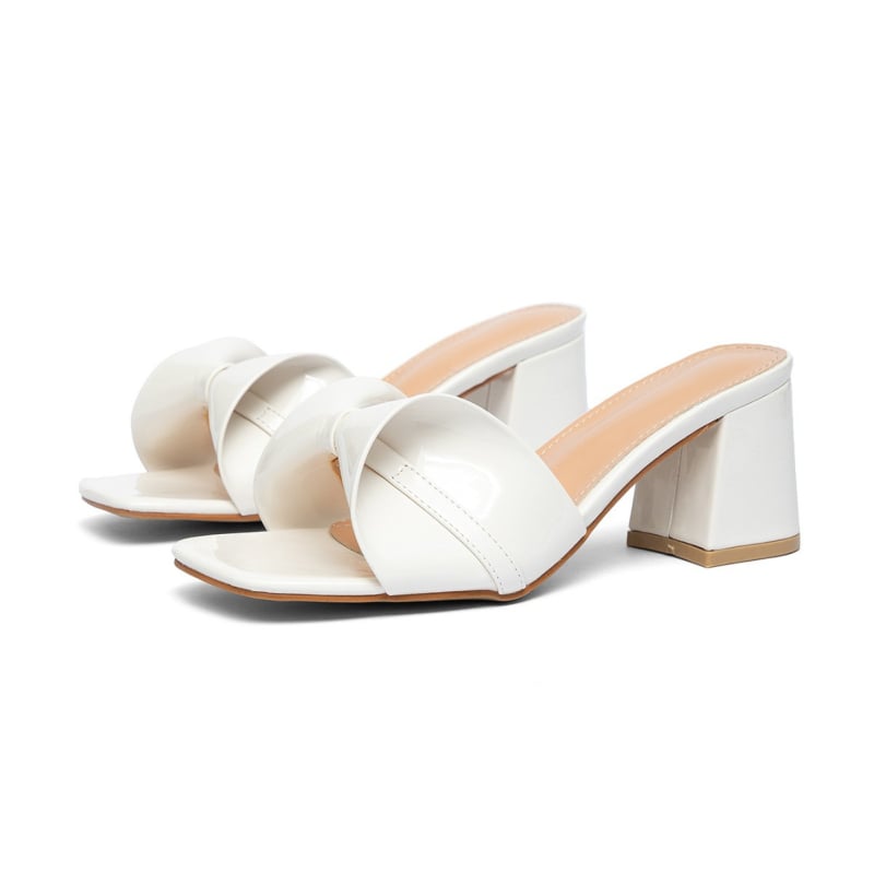 Ženske sandale s mašnicom i biserima, francuski stil, četvrtasti nos, debeli peta 6–8 cm, PU gornji dio