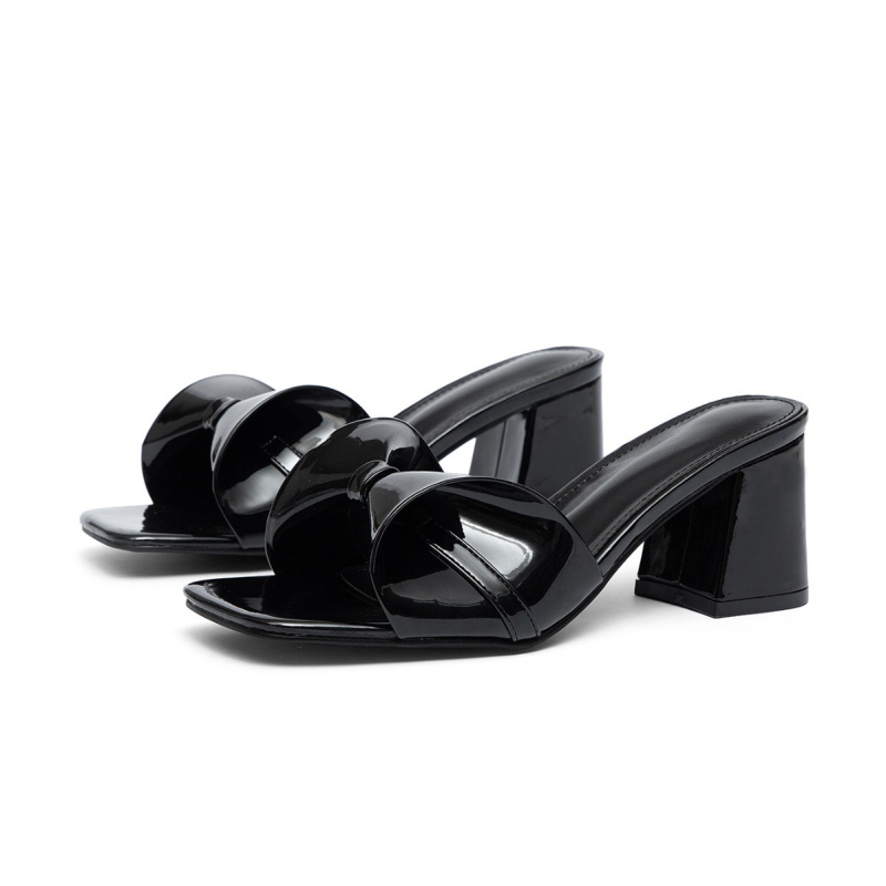 Ženske sandale s mašnicom i biserima, francuski stil, četvrtasti nos, debeli peta 6–8 cm, PU gornji dio