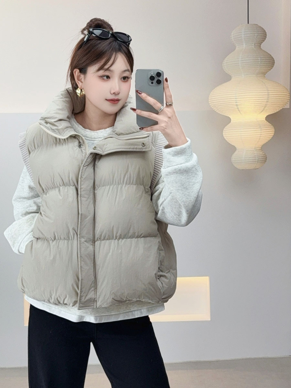 Женска зимна безръкавна жилетка от нейлон с пълнеж полиестер-памук, стойкова яка, без ръкави, средна дължина 50–65 см, стил японски и корейски за свободното време