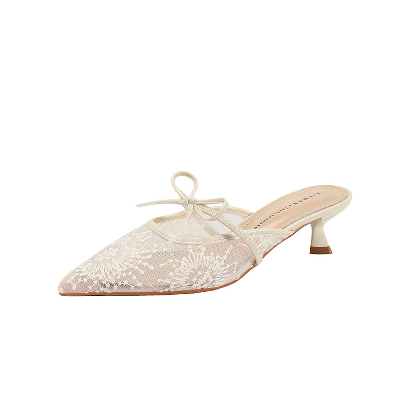 Női francia stílusú hálószövött cipő, hímzett, nyitott orrú, masnival