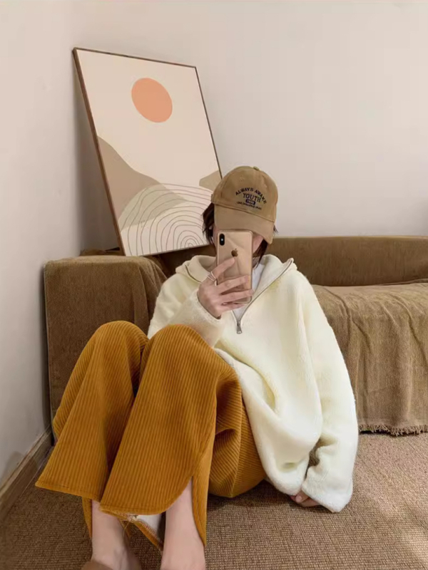 Női terhességi Chenille nadrág has alatti támogatással, laza harém fazon, kilenc pont hossz, vast anyag, mikro-elasztikusság, fleece belsővel