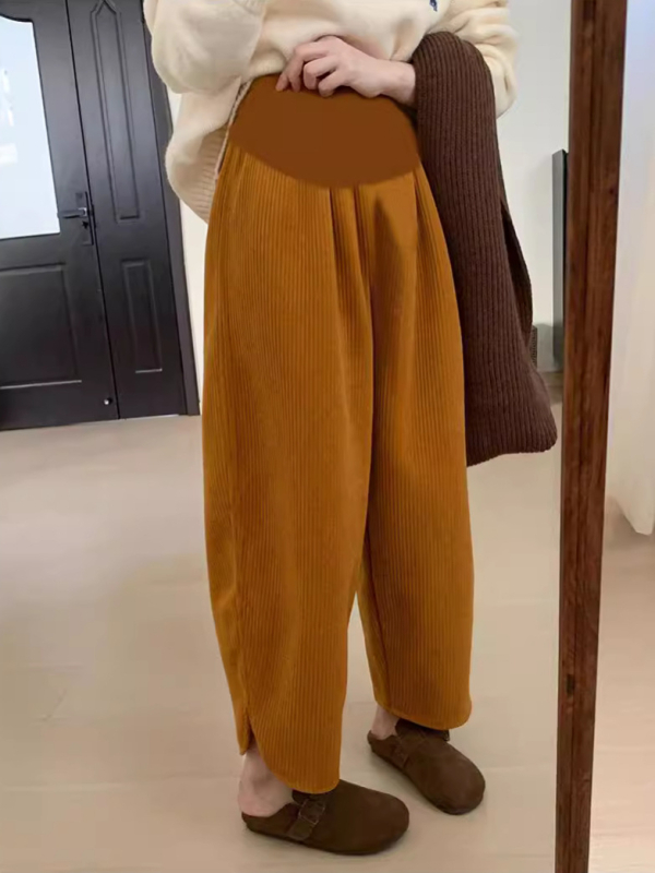 Női terhességi Chenille nadrág has alatti támogatással, laza harém fazon, kilenc pont hossz, vast anyag, mikro-elasztikusság, fleece belsővel