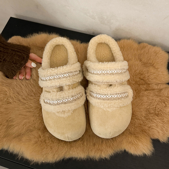 Velúr papucs zárt orrú és kerek orrú, koreai stílus, szintetikus rövid prém bélés, gumírozott talp