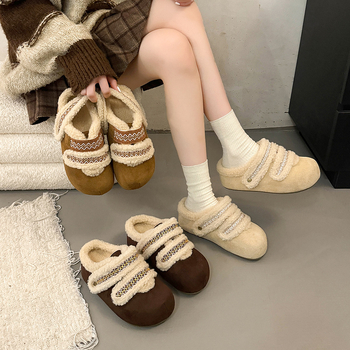 Velúr papucs zárt orrú és kerek orrú, koreai stílus, szintetikus rövid prém bélés, gumírozott talp