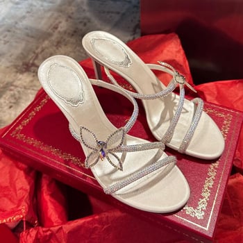 Rhinestone szandálok masnis-keresztezett pántokkal, nyitott orrú, stilettó magas sarkú, mikroszálas felsőrész