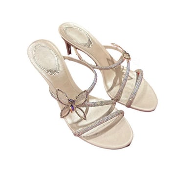 Rhinestone szandálok masnis-keresztezett pántokkal, nyitott orrú, stilettó magas sarkú, mikroszálas felsőrész