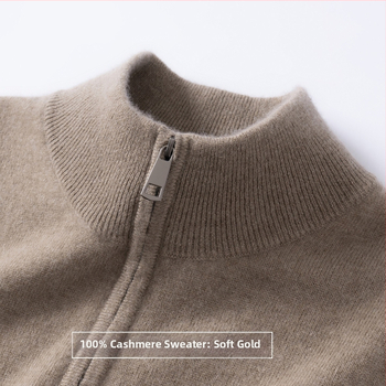 Мъжки пуловер от чист кашмир с полузип, свободен силует, полувисока яка, дълги ръкави, зимен стил