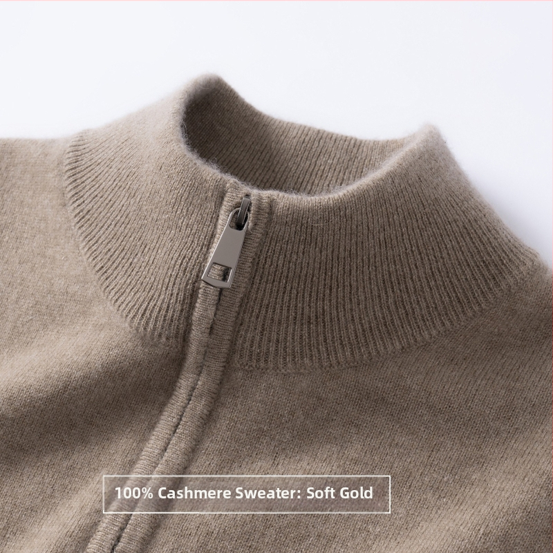 Мъжки пуловер от чист кашмир с полузип, свободен силует, полувисока яка, дълги ръкави, зимен стил