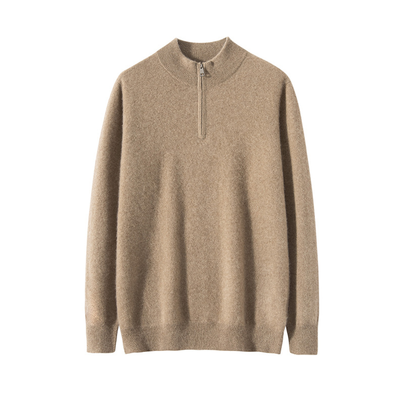 Мъжки пуловер от чист кашмир с полузип, свободен силует, полувисока яка, дълги ръкави, зимен стил