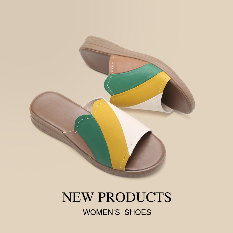 Női bőrszandálok, felső rész kettős marhabőrből, kerek orr, klínes sarok, vastag puha talp, csúszásmentes, laza stílus, eredet Quanzhou, Fujian