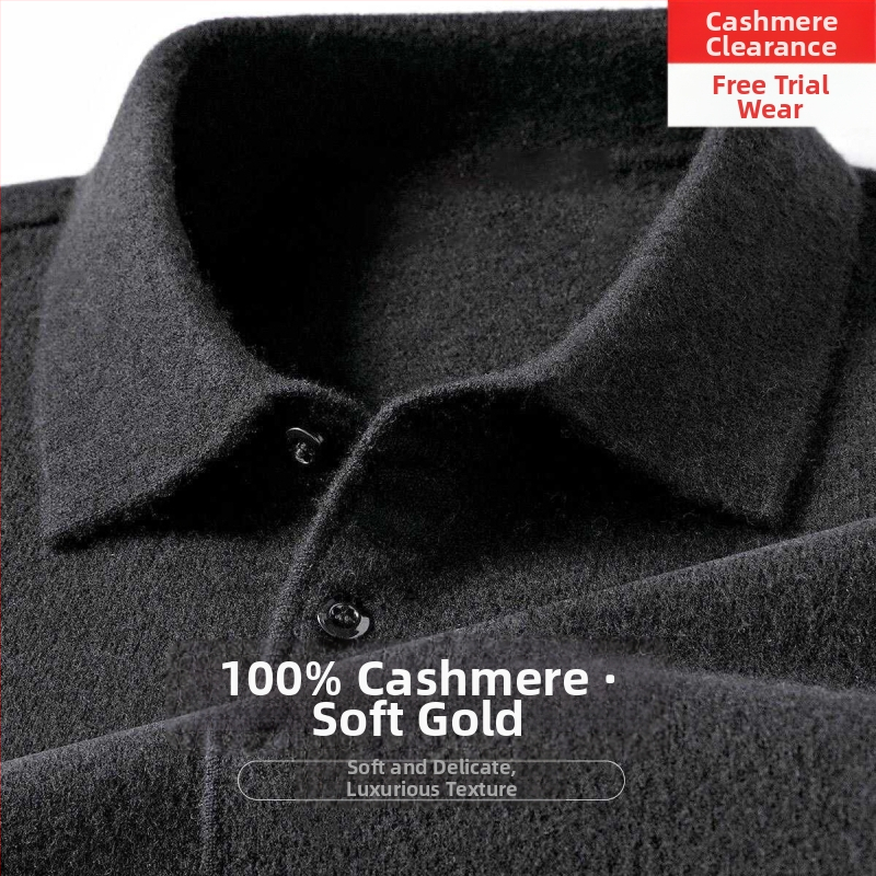 Мъжки кашмирен пуловер с лацкан, свободна кройка, дълги ръкави, едноцветен, 95% кашмир