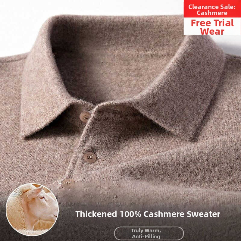 Мъжки кашмирен пуловер с лацкан, свободна кройка, дълги ръкави, едноцветен, 95% кашмир