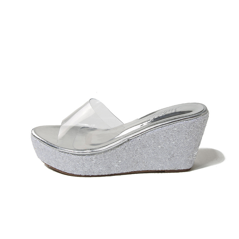 Ženske sandale s klinom od 8 cm, prozirne sequin detalji, oblik ribe, vodootporna platforma (8 cm; klin; prozirni sequin detalji; oblik ribe; vodootporna platforma)