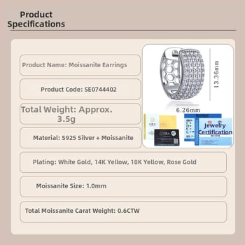 Náušnice Moissanite, S925 striebro, 0.6ctw, okrúhly briliantný rez, s certifikátom, hip-hop štýl