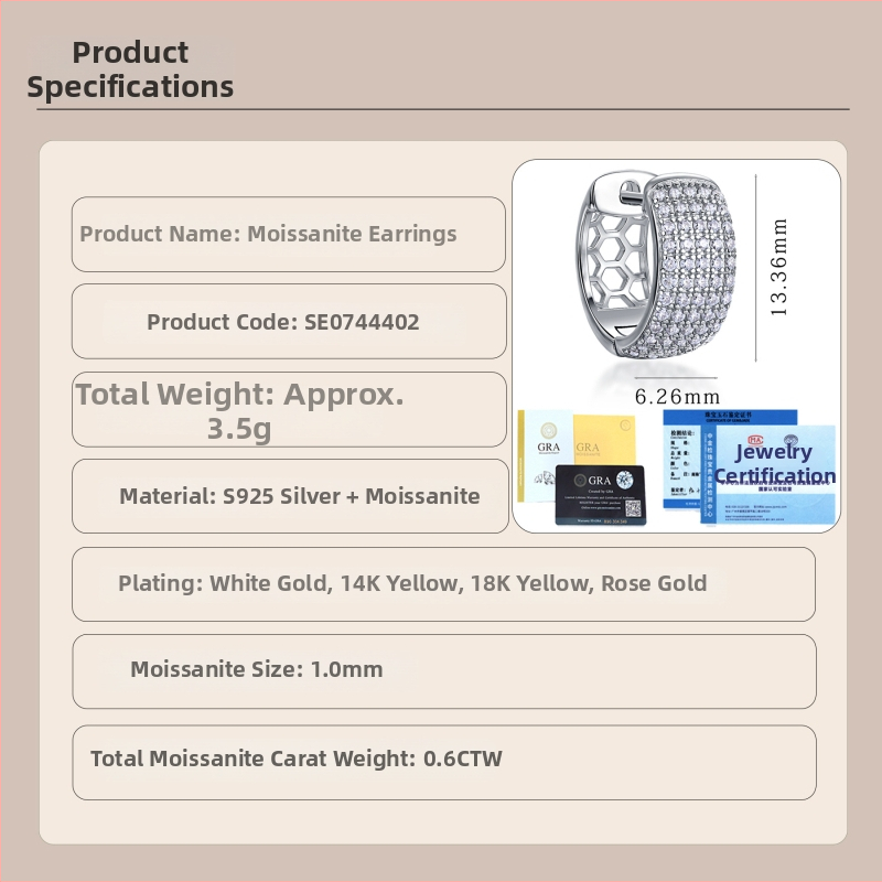 Náušnice Moissanite, S925 striebro, 0.6ctw, okrúhly briliantný rez, s certifikátom, hip-hop štýl