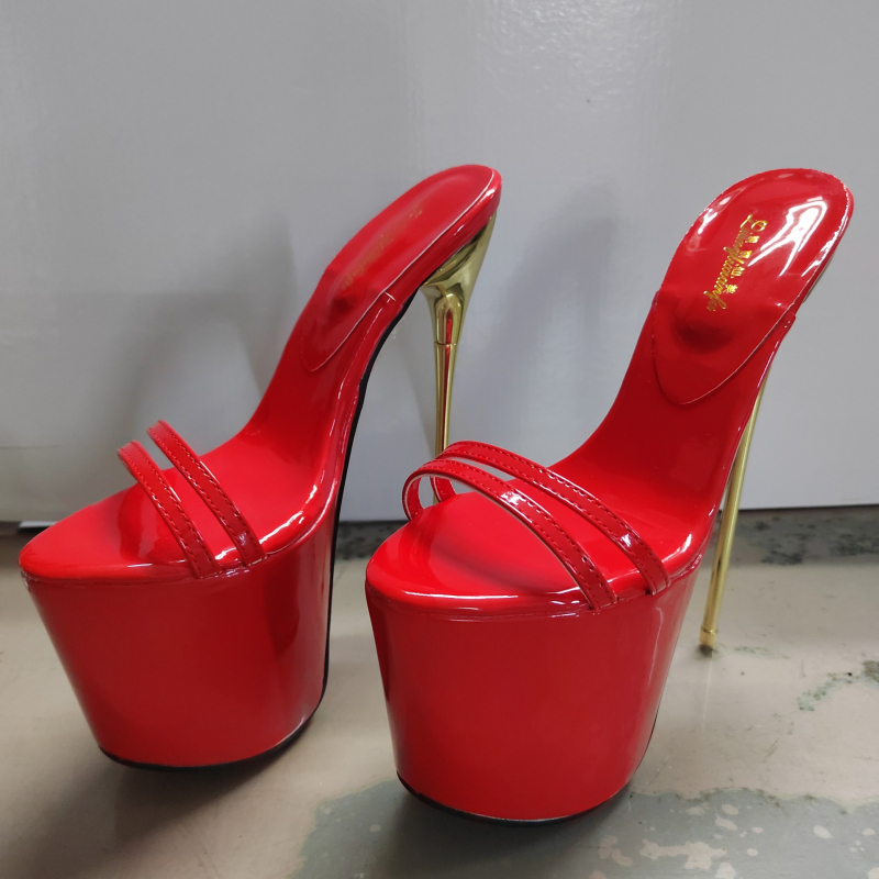 Ženske sandale s jednim remenom, 19 cm čelične stiletto potpetice, patent koža gornji dio, PU podstava, gumena potplata
