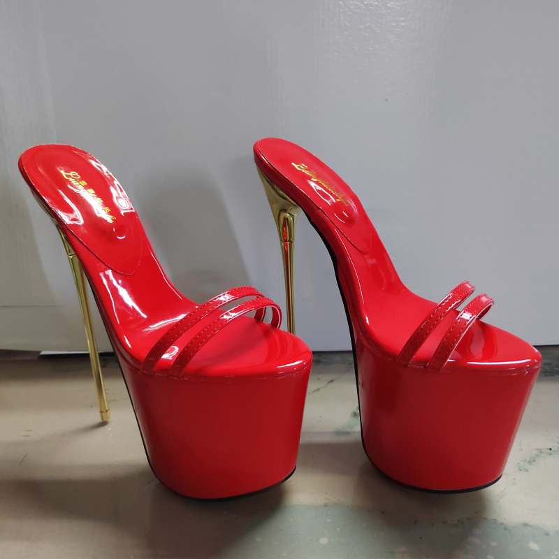 Ženske sandale s jednim remenom, 19 cm čelične stiletto potpetice, patent koža gornji dio, PU podstava, gumena potplata
