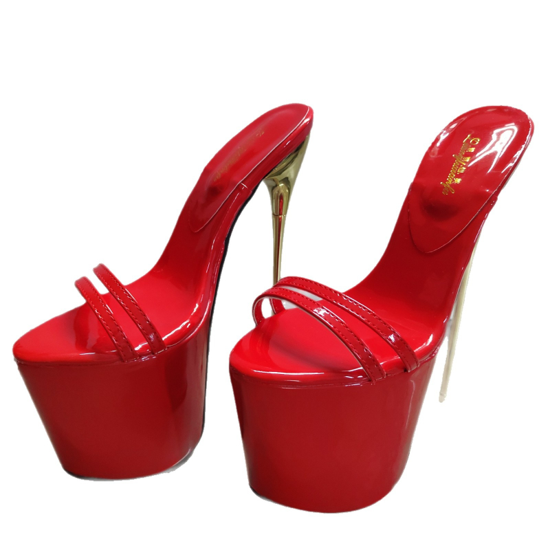 Ženske sandale s jednim remenom, 19 cm čelične stiletto potpetice, patent koža gornji dio, PU podstava, gumena potplata