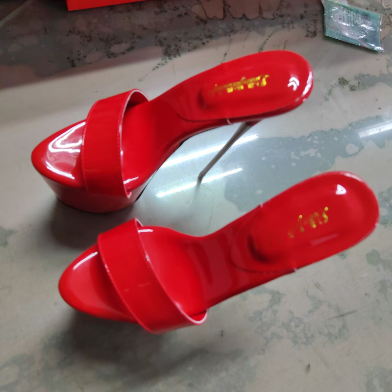 Ženske sandale s jednim remenom, 19 cm čelične stiletto potpetice, patent koža gornji dio, PU podstava, gumena potplata