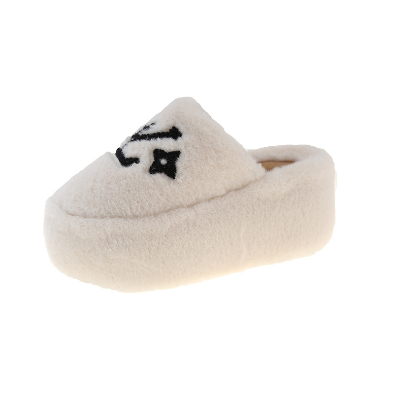 Ženske papuče s plišanim gornjim dijelom, zatvoren prst, klinasti debeli potplat, 8 cm podizanje, gumeni potplat
