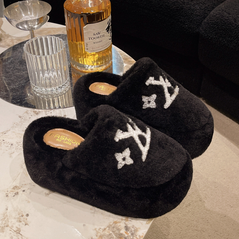 Ženske papuče s plišanim gornjim dijelom, zatvoren prst, klinasti debeli potplat, 8 cm podizanje, gumeni potplat