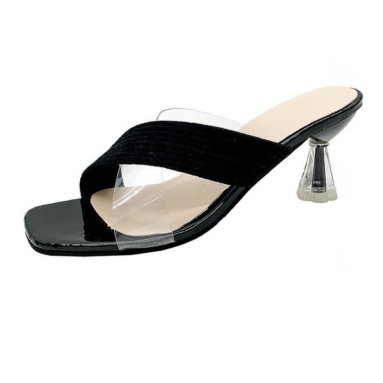 Ženske visoke sandale s PU gornjim dijelom i prozirnim PVC detaljem, velur tekstura, gumena potplata, 6-8 cm peta