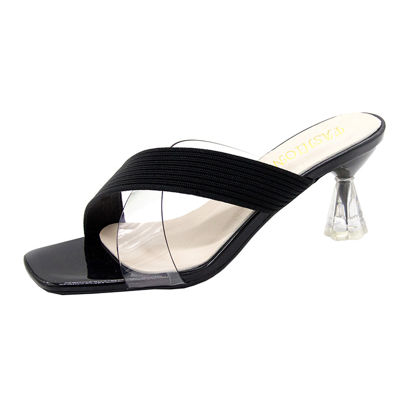 Ženske visoke sandale s PU gornjim dijelom i prozirnim PVC detaljem, velur tekstura, gumena potplata, 6-8 cm peta