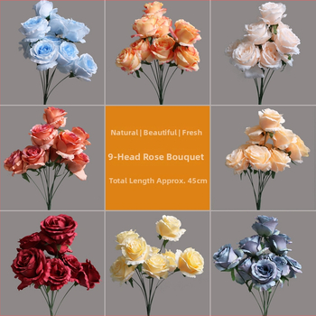 9 szál mű rózsa otthoni asztali dekorációhoz, textil anyag, virágkompozíció rekvizita